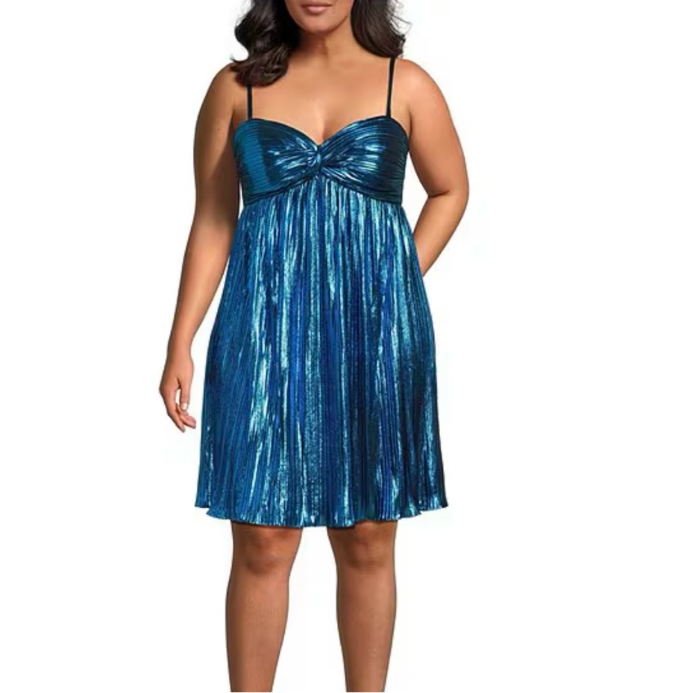 City Vibe Plus Size Twist Front Bandeau Babydoll Dress Blue Metallic Size 16